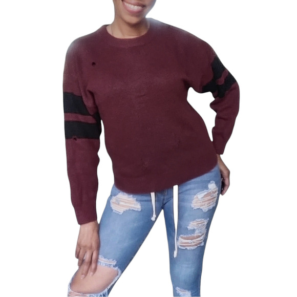 CURRENT / ELLIOTT Yates Sweater destroyed sporty pullover Cordovan Size 1 S NEW - Picture 8 of 8